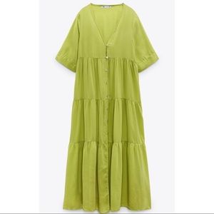 ZARA LIME GREEN TIERED COTTON MIDI DRESS SZ LARGE